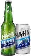 A frosty bottle and can of Hahn SuperDry low carb beer sitting side by side