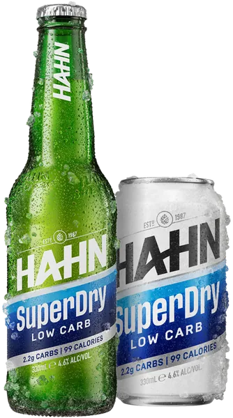 A frosty bottle and can of Hahn SuperDry low carb beer sitting side by side