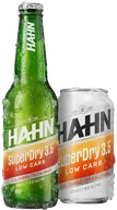A frosty bottle and can of Hahn SuperDry 3.5 low carb beer sitting side by side