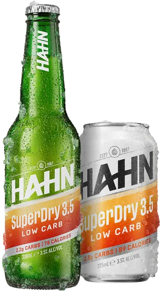 A frosty bottle and can of Hahn SuperDry 3.5 low carb beer sitting side by side