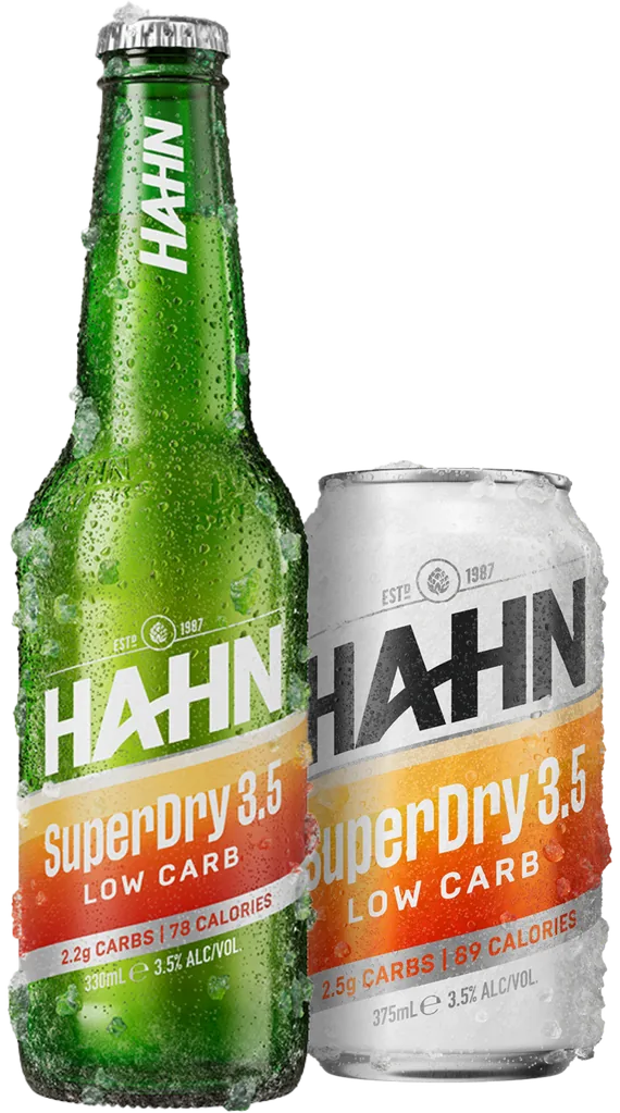 A frosty bottle and can of Hahn SuperDry 3.5 low carb beer sitting side by side