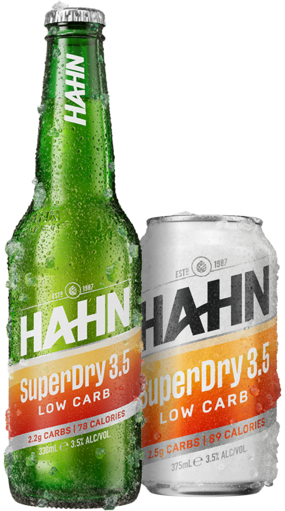 A frosty bottle and can of Hahn SuperDry 3.5 low carb beer sitting side by side